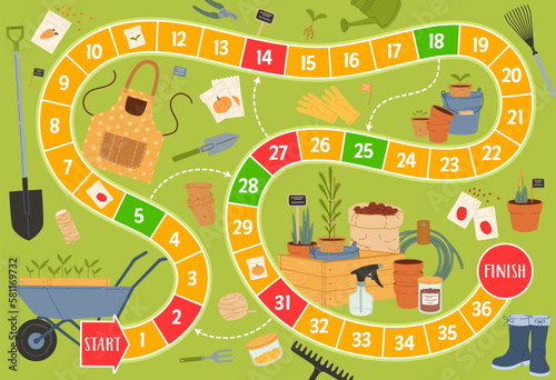 Step board game, agriculture, farm and gardening tools, vector tabletop puzzle. Dice race step game, start and finish kids quiz with farm wheelbarrow cart, spade and rake, farmer boot and watering can photo