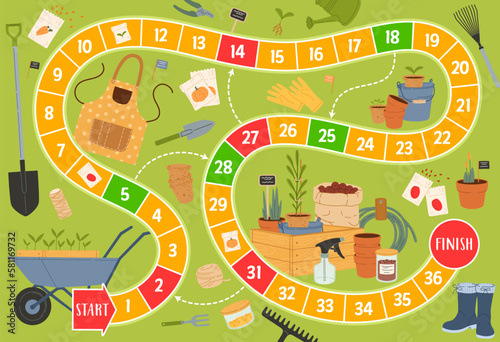 Step board game, agriculture, farm and gardening tools, vector tabletop puzzle. Dice race step game, start and finish kids quiz with farm wheelbarrow cart, spade and rake, farmer boot and watering can
