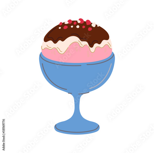 Frozen yogurt ice cream with chocolate topping in bowl. Vector gelato, tasty vanilla cream with chocolate and fruit syrup. Summer refreshing dessert