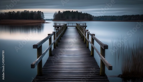 Foto a dock that is in the middle of a body of water with a full moon in the sky above it and trees in the background