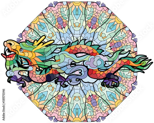 Fototapeta Naklejka Na Ścianę i Meble -  Zentangle dragon on mandala. Hand drawn decorative vector illustration