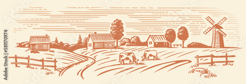 Rural landscape, agriculture farm vector. Cows