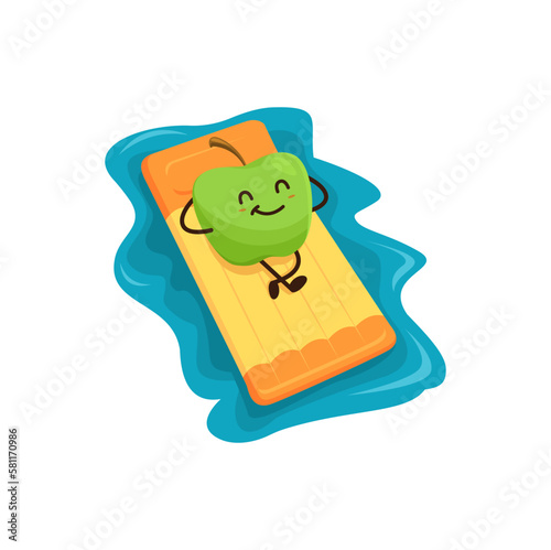 Cartoon apple fruit floating on inflatable mattress during summertime getaway. Isolated vector fresh amusing personage enjoying outdoor activities and leisure at coastal destination and break on ocean