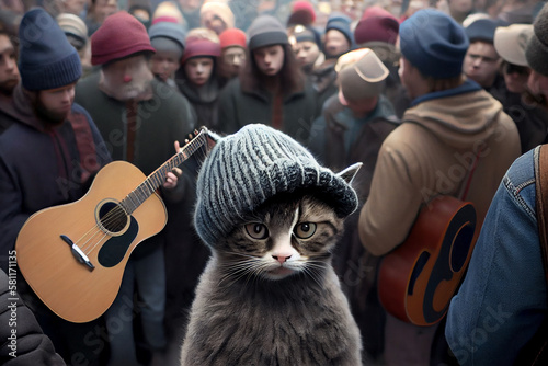 The unfortunate lonely kitten among the crowd of people will be wrapped in a warm blanket. AI Generated