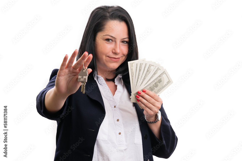 Real-estate woman agent offering keys taking cash money Real-estate woman agent offering keys taking cash money
