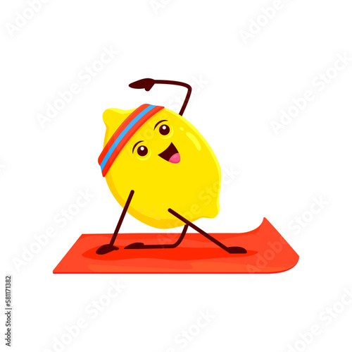 Cartoon happy lemon fruit character on yoga fitness sport. Isolated vector citrus personage stand in asana pose on mat. Yogi lemon with raised arm, natural healthy food healthy lifestyle