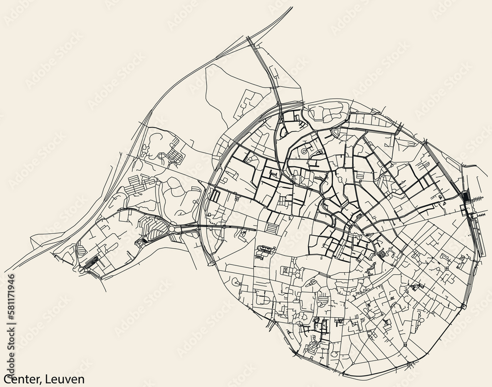 Detailed hand-drawn navigational urban street roads map of the CENTRUM (CENTER) BOROUGH of the Belgian city of LEUVEN, Belgium with vivid road lines and name tag on solid background