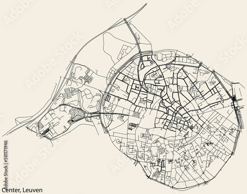 Detailed hand-drawn navigational urban street roads map of the CENTRUM (CENTER) BOROUGH of the Belgian city of LEUVEN, Belgium with vivid road lines and name tag on solid background
