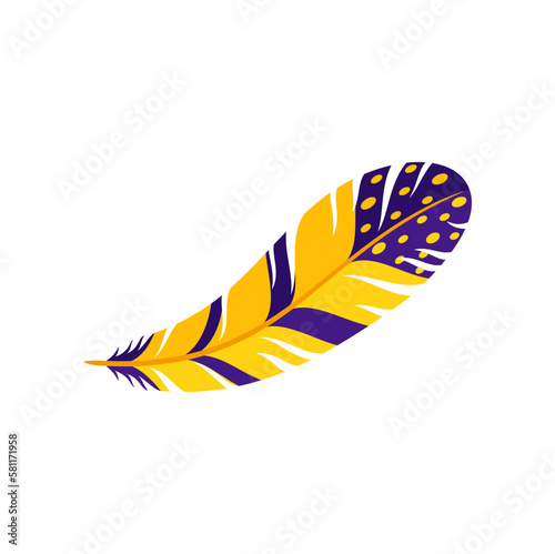 Cartoon feather Barranquilla carnival holiday object, folkloric celebration attribute. Vector colombian exotic feather in yellow and purple colors