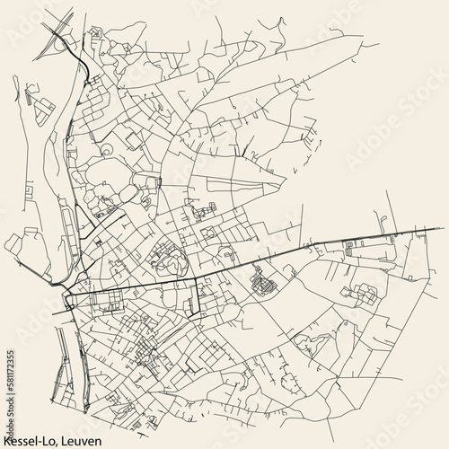 Detailed hand-drawn navigational urban street roads map of the KESSEL-LO  BOROUGH of the Belgian city of LEUVEN  Belgium with vivid road lines and name tag on solid background