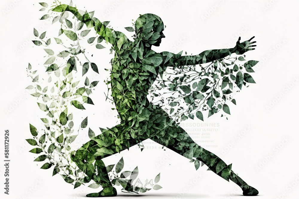 The concept of harmony and tranquility is embodied in this picture of a yoga asana made from green leaves. Generative AI.