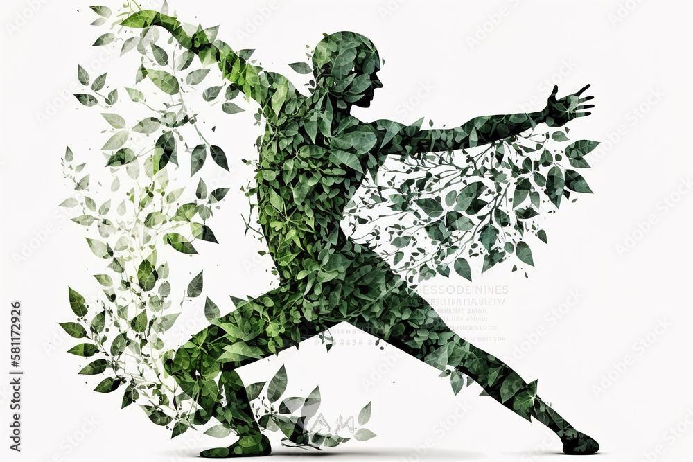 The concept of harmony and tranquility is embodied in this picture of a yoga asana made from green leaves. Generative AI. The concept of harmony and tranquility is embodied in this picture of a yoga asana made from green leaves. Generative AI.