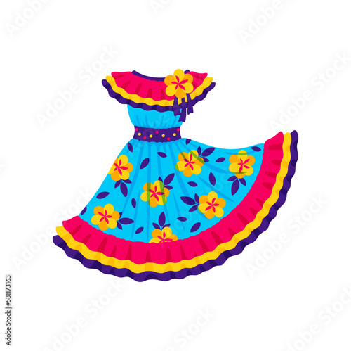 Barranquilla carnival holiday dress, traditional spanish clothing for woman. Vector Colombian carnival traditional Garabato dance costume
