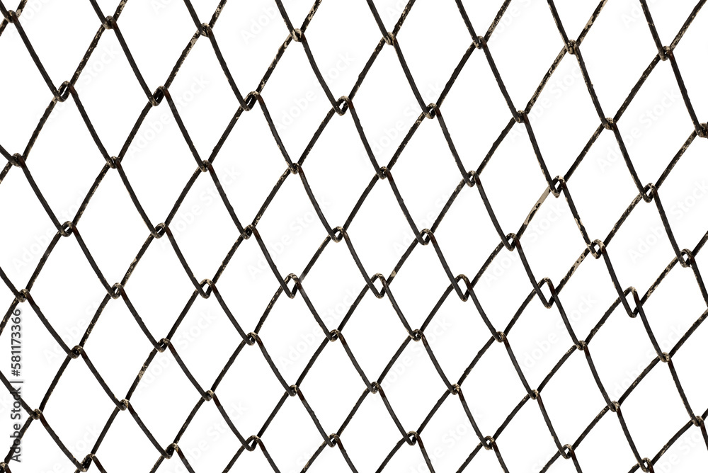 The texture of the metal mesh. Torn, destroyed, broken metal mesh on a white background