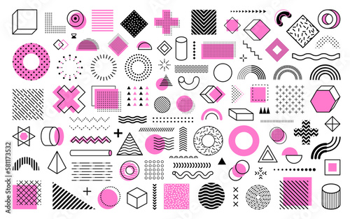 Memphis geometric shapes and patterns vector elements set. Collection of simple color and thin line art details. Multiple figures for education materials decoration. Trendy ornaments kit