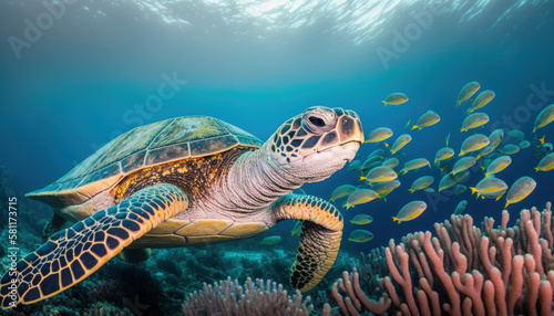 Underwater wild turtle swimming in the ocean against the background of a flock of fish