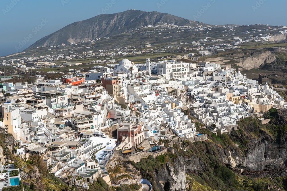 Stunning cityscape of densely populated Fira, the main town of Santorini island in Greece