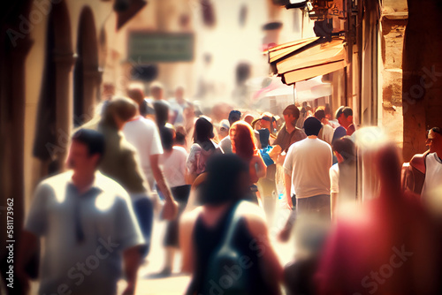 Tourist street. Crowd of unrecognizable people, abstract illustration.