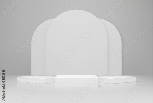 Grey podium. Cosmetics product presentation empty pedestal, exhibition gallery scene or studio showroom platform or base 3d realistic vector background. Showcase mockup with square podium and arch
