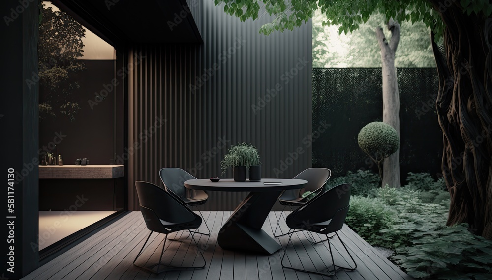 Fototapeta premium Modern black wooden terrace the perfect place for breakfast