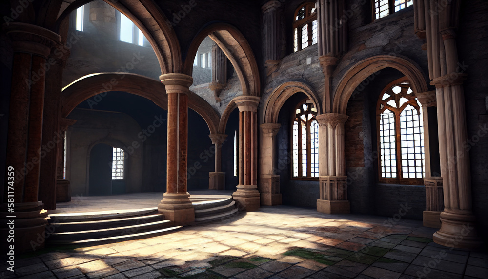 Fototapeta premium Interior of an old medieval castle with large windows and stone floor.