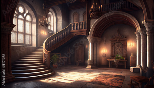 Interior of an old medieval castle with large windows and stone floor.