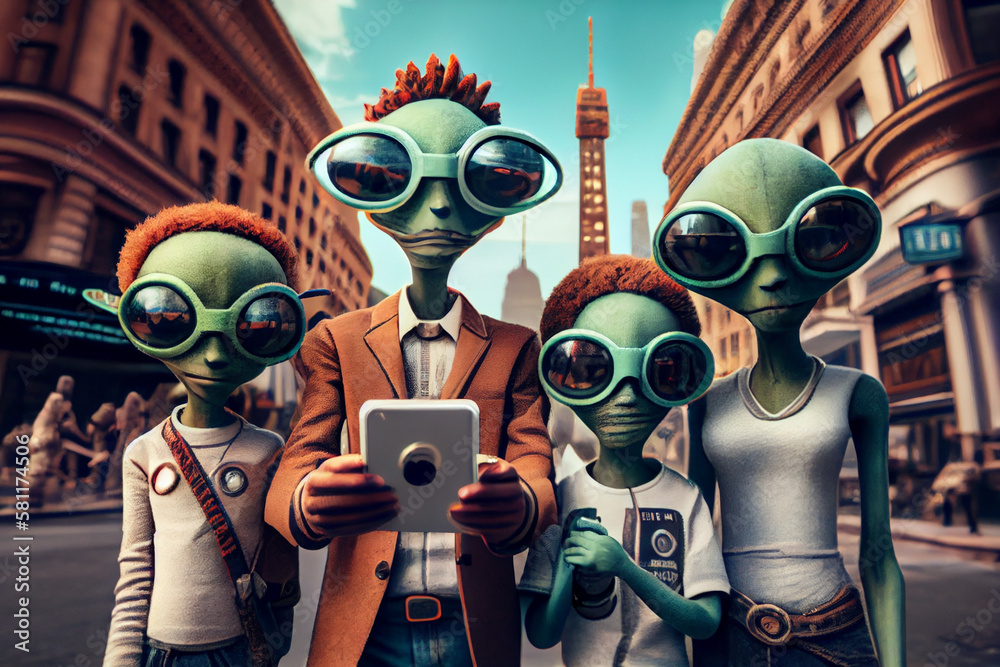 An alien family takes a selfie in a large metropolis. Abstract illustration.