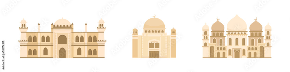Flat mosque vector set. Muslim building for islamic, ramadan, eid design. Cartoon illustration isolated on white background. Islam mosque in flat style