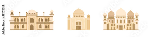Flat mosque vector set. Muslim building for islamic, ramadan, eid design. Cartoon illustration isolated on white background. Islam mosque in flat style