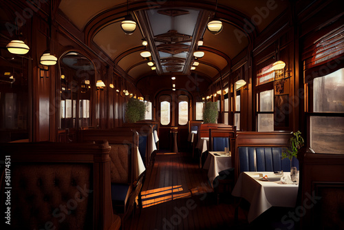 Restaurant carriage interior, luxury train, retro, vintage style.