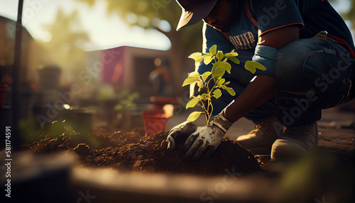 Person planting trees or working in community garden promoting local food production and habitat restoration  concept of Sustainability and Community Engagement. Created with Generative AI technology