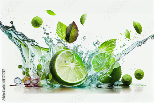 Water splash, lime slices with green mint leaves on white background.
