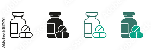 Antibiotic, Painkiller, Vitamin, Pharmaceutical Medicament Sign. Pharmacy Symbol Collection. Medication Line and Silhouette Color Icon Set. Pill and Bottle Pictogram. Isolated Vector Illustration