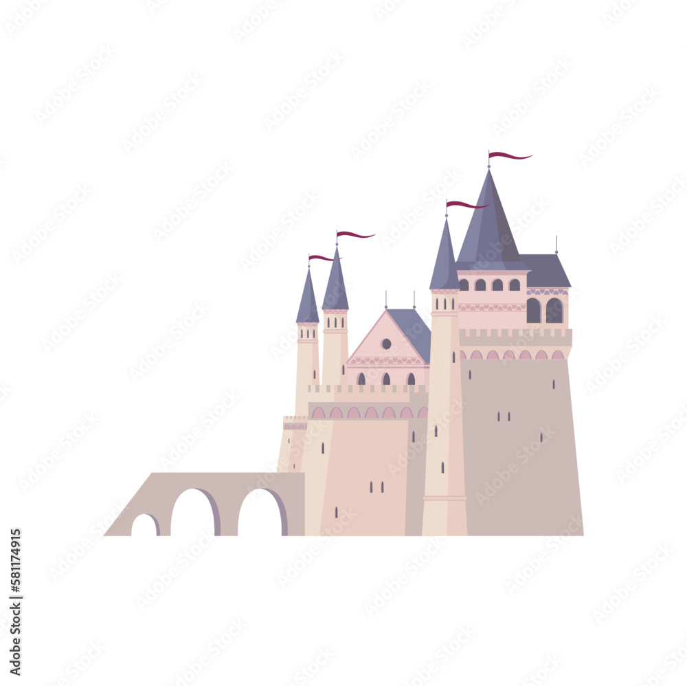 Fairy tale princess castle, royal home with flags. Palace or fortress with flags cartoon building with brick towers. Vector ancient architecture citadel