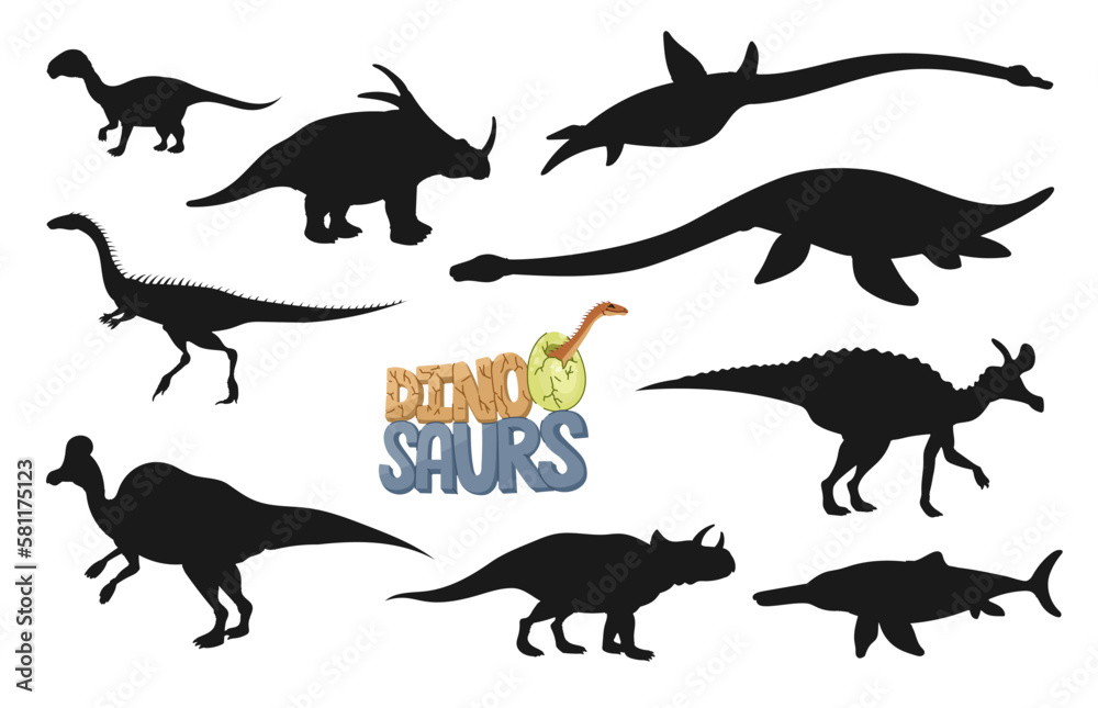 Dinosaur character silhouettes of prehistoric dino animals. Vector elaphrosaurus, ichthyosaurus, plesiosaurus and avaceratops, mussaurus, styracosaurus, lambeosaurus and corythosaurus dinosaurs set