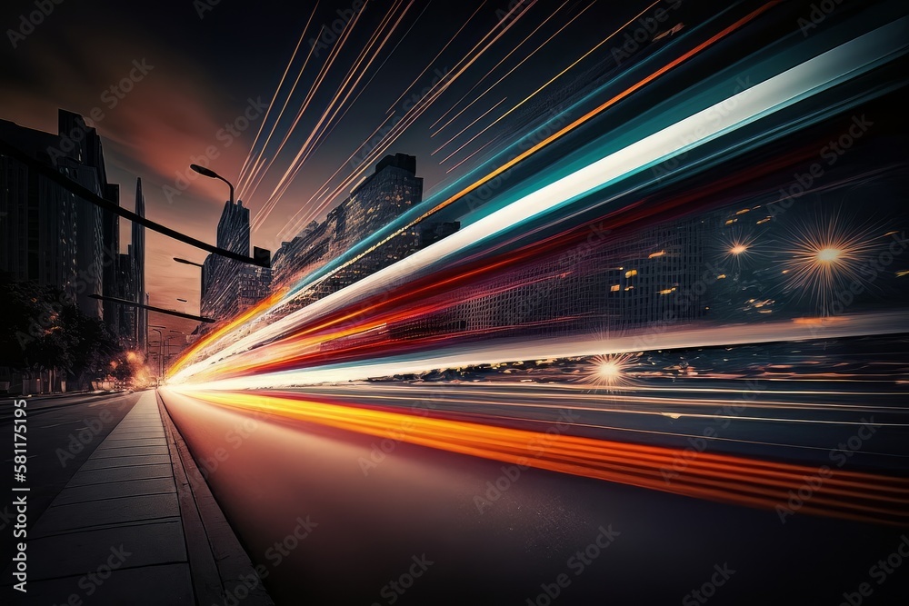 Fototapeta premium Abstract long exposure dynamic speed light trails in an urban environment. Generative ai