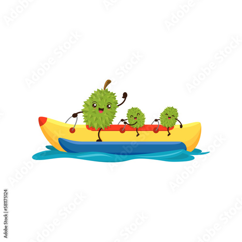 Cartoon durian fruits team row on kayak in ocean. Comical food personages engaging in sports recreational activity on summer holidays. Isolated vector fresh durians outdoor fun and relaxation at sea