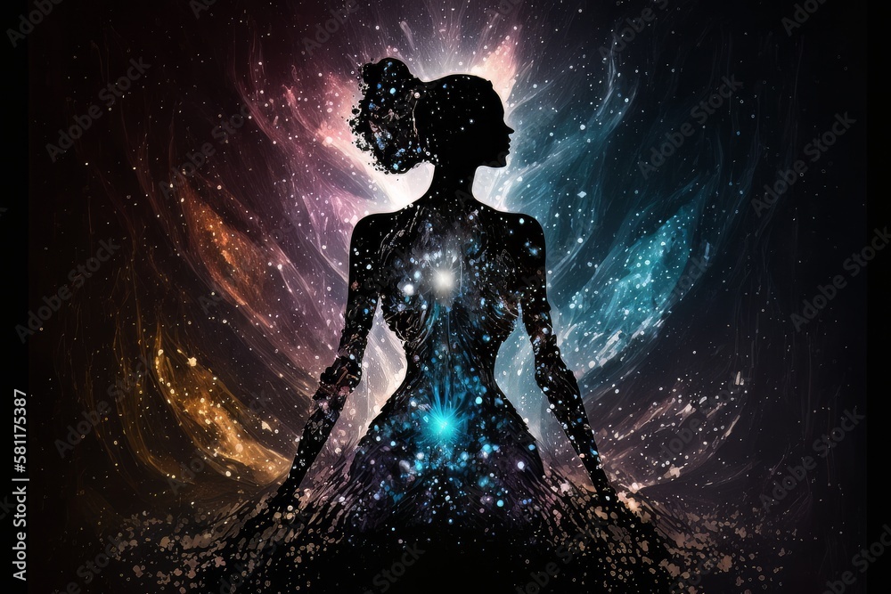Body silhouette with space and galaxy background, milky way, spiritual life and belief. Generative ai