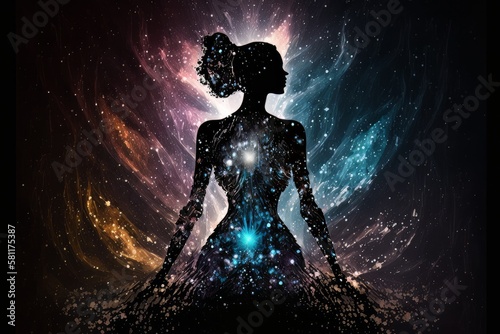Body silhouette with space and galaxy background, milky way, spiritual life and belief. Generative ai © cac_tus