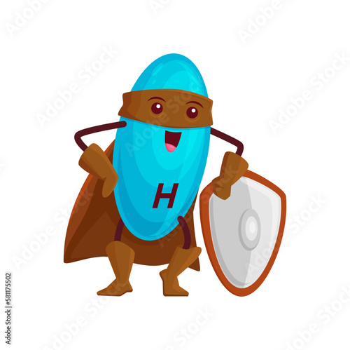 Cartoon vitamin H superhero character with shield. Isolated vector funny Biotin capsule personage on guard of health. Strong nutrient bubble comics book defender in super hero mask and cape