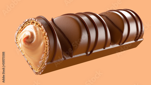 Milk chocolate bars covered wafer with soft hazelnut filling. Isolated on background. 3d illustration. Design element.