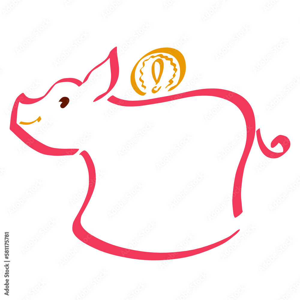 Obraz premium coin with an exclamation mark dipped into a cheerful pink pig piggy bank, colorful outline on a white background