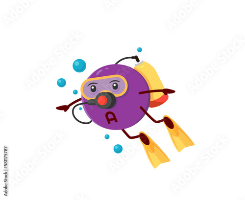 Cartoon vitamin E diver character. Micronutrient tablet, food supplement pill or vitamin capsule funny vector personage. Healthy nutrition mineral dragee cheerful mascot diving in mask and flippers