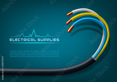 Electrical power cable. Power supply and communication equipment, electricity generation, engineering and telecommunication industry 3d realistic vector background with electrical braided copper cable