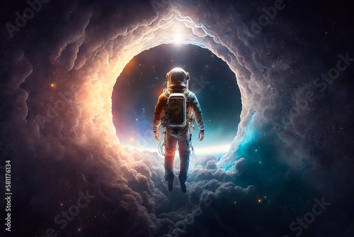Astronaut dressed in space mission suit outside of earth. Person in an astronaut suit travels through outer space. Generative AI