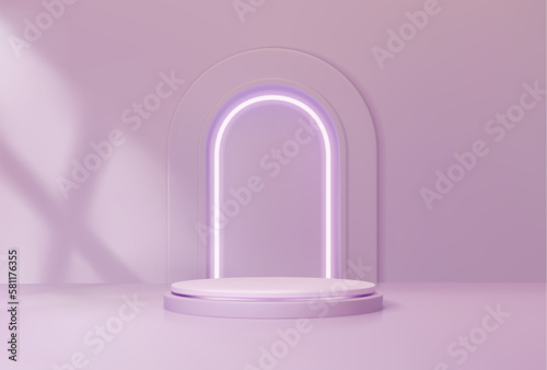 Purple podium with arch. Studio showroom empty platform, cosmetics product presentation mockup or exhibition gallery realistic 3d vector podium. Fashion showcase pedestal with purple neon illumination