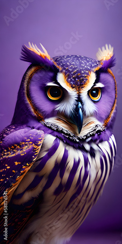 Purple owl with yellow eyes on lilac background for nature and wildlife theme