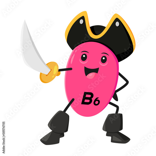 Cartoon vitamin B6, Pyridoxine micronutrient pirate or corsair character. Isolated vector playful medication supplement capsule in captain filibuster costume and tricorn hold sword ready for adventure
