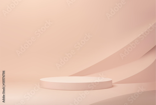 Beige or coral round podium with palm leaves. Cosmetics product presentation mockup display podium, exhibition gallery clean scene or studio showroom empty pedestal realistic vector beige background