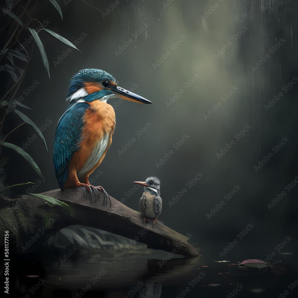 Fototapeta premium king fisher and baby king fisher. Generative AI